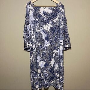 Cato Paisley Shift Dress 26/28W Blue White Split Long Sleeve Grommets Bohemian